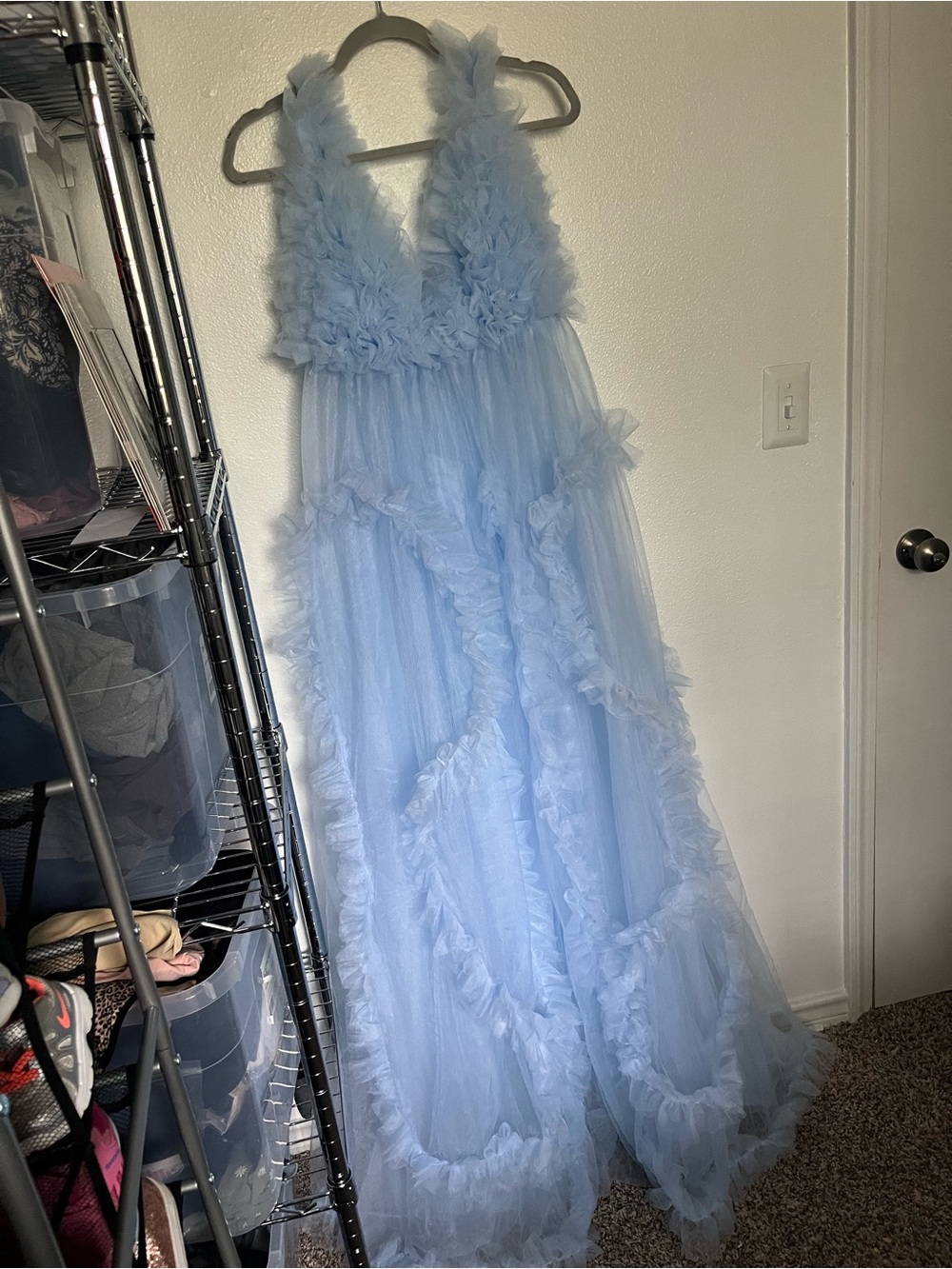 Maternity Light Blue Ruffled Tulle Maxi Dress